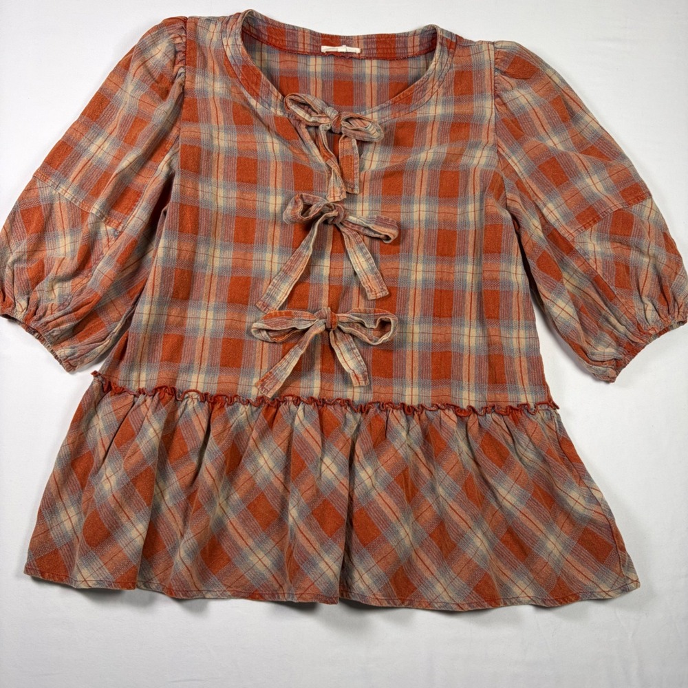 Easel Plaid Babydoll Top Triple Bow Peplum Puff Sleeve Boho Cottagecore Farmcore